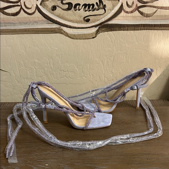 Miss Lola | Embellished Lace Up High Heels-Lavender Suede | Size 7 - Picture 4 of 7